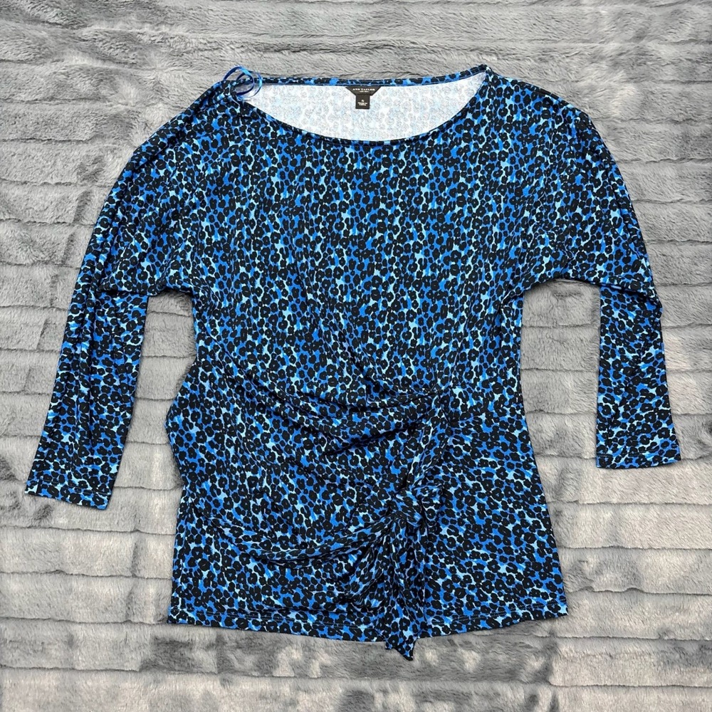 Ann Taylor Blue Black Leopard Print Faux Wrap Side Knot Boat Neck Blouse Small